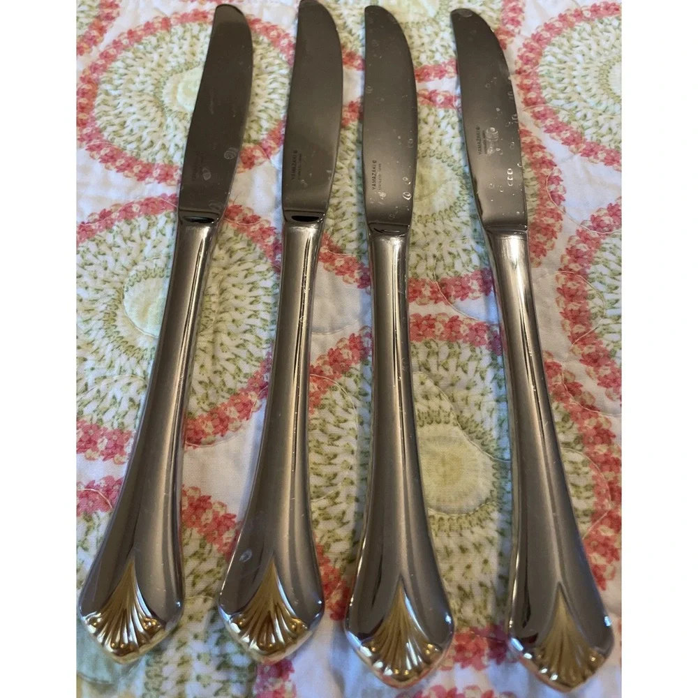 Yamazaki Cara Dinner Knife Gold Accent Glossy Stainless Japan Flatware Set‎ Of 4